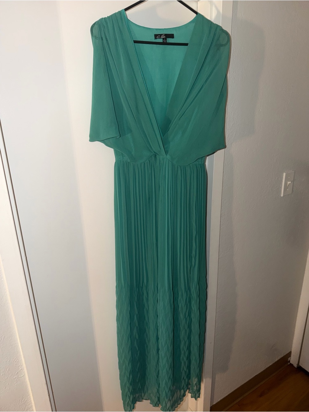 C. Luce Teal V-Neck Pleated Chiffon Maxi Dress